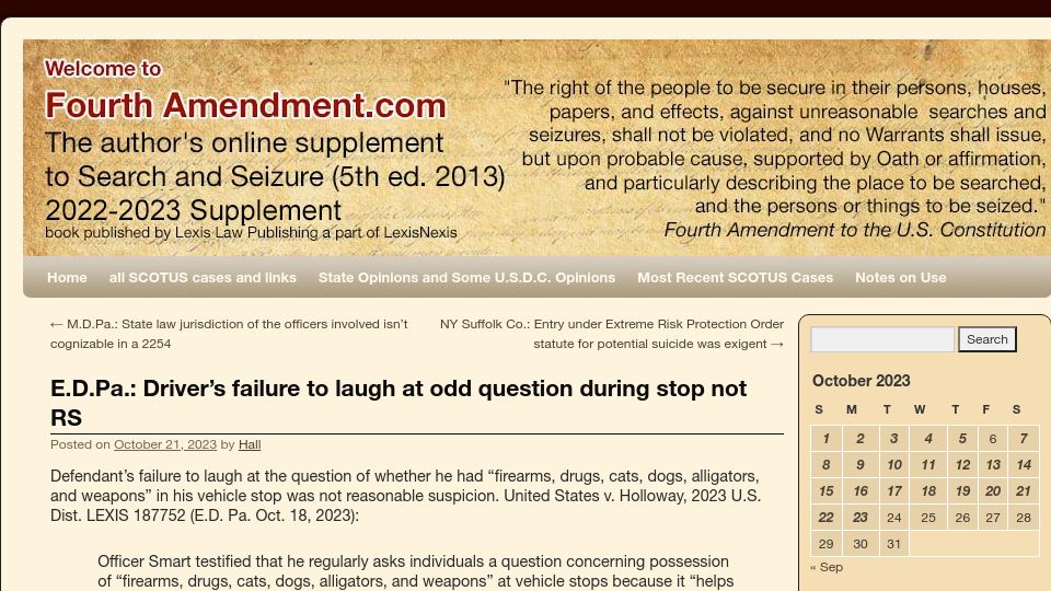 Screenshot of fourthamendment.com: Driver's failure to laugh at odd question during stop not Reasonable Suspicion