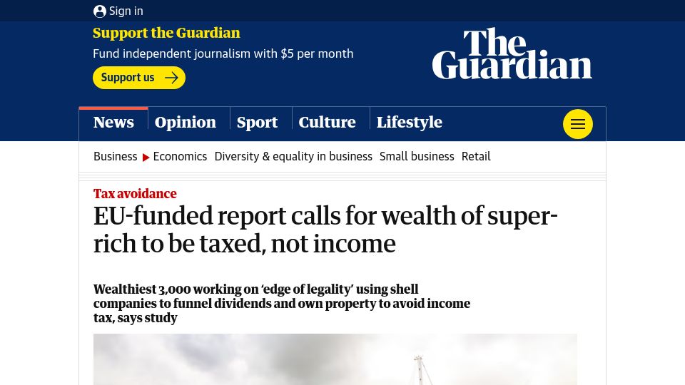 Screenshot of theguardian.com: EU-funded report calls for wealth of super-rich to be taxed, not income