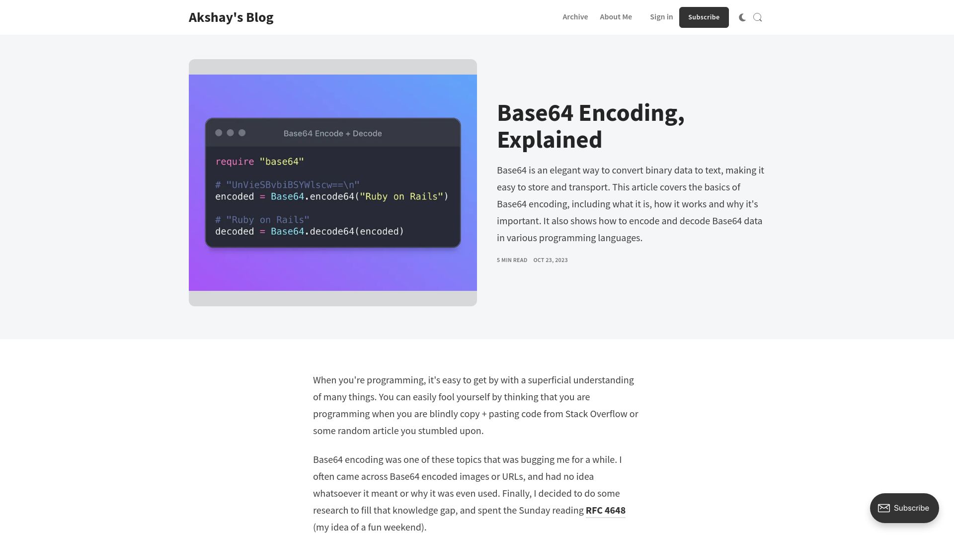 Screenshot of akshaykhot.com: Base64 Encoding, Explained