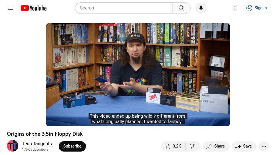 Screenshot of youtube.com: Origins of the 3.5in Floppy Disk [video]