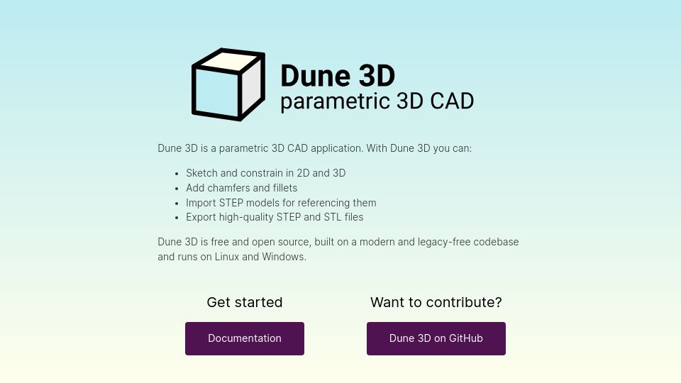 Screenshot of dune3d.org: Dune 3D – an open source parametric 3D CAD app bassed on OCCT