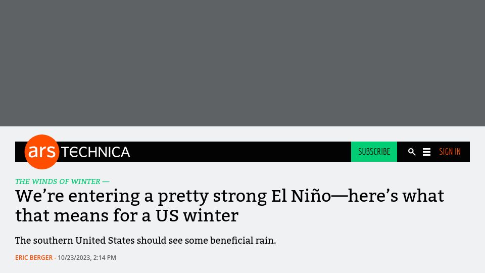 Screenshot of arstechnica.com: We're entering a pretty strong El Niño