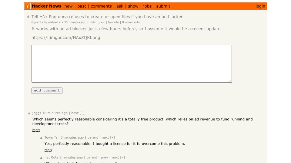 Screenshot of Hacker News post: Tell HN: Photopea refuses to create or open files if you have an ad blocker