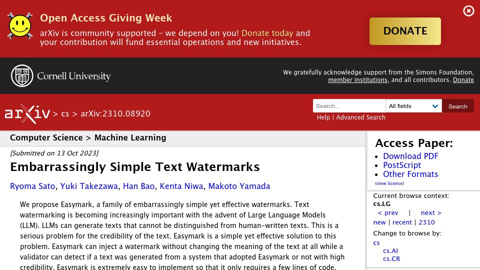 Screenshot of arxiv.org: Embarrassingly Simple Text Watermarks