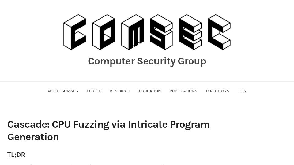 Screenshot of comsec.ethz.ch: Cascade: CPU fuzzing via intricate program generation