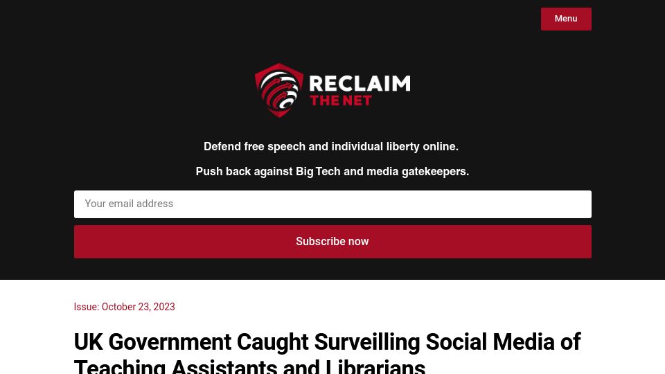 Screenshot of reclaimthenet.org: UK government surveilling social media of teaching assistants