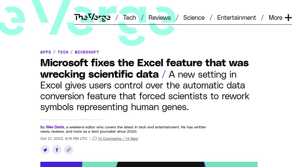 Screenshot of theverge.com: Microsoft fixes the Excel feature that was wrecking scientific data
