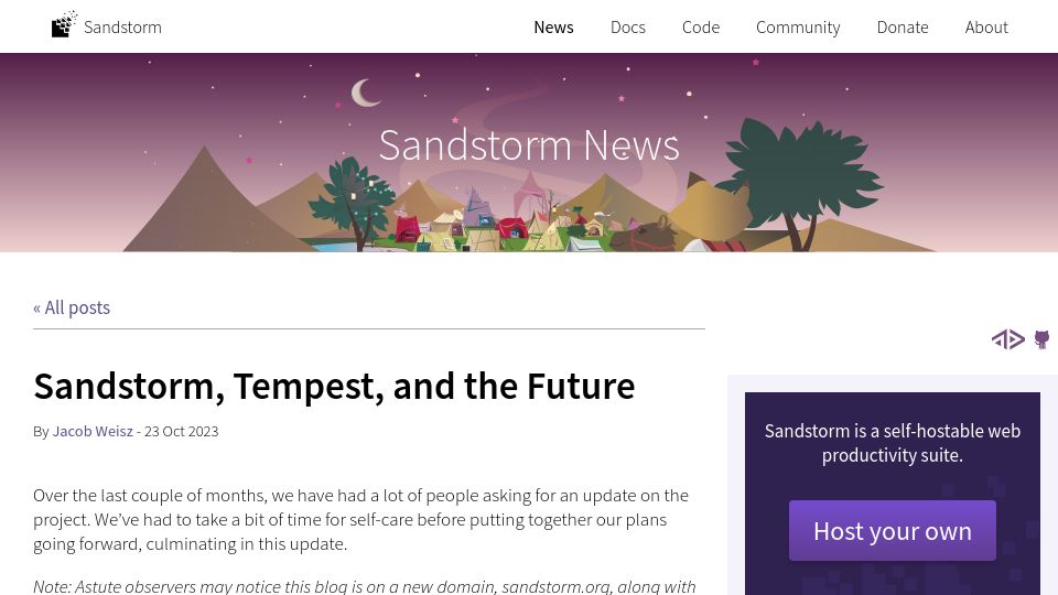 Screenshot of sandstorm.org: Sandstorm, Tempest, and the Future
