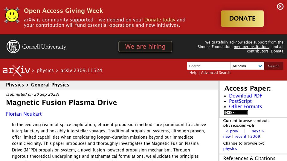 Screenshot of arxiv.org: Magnetic Fusion Plasma Drive