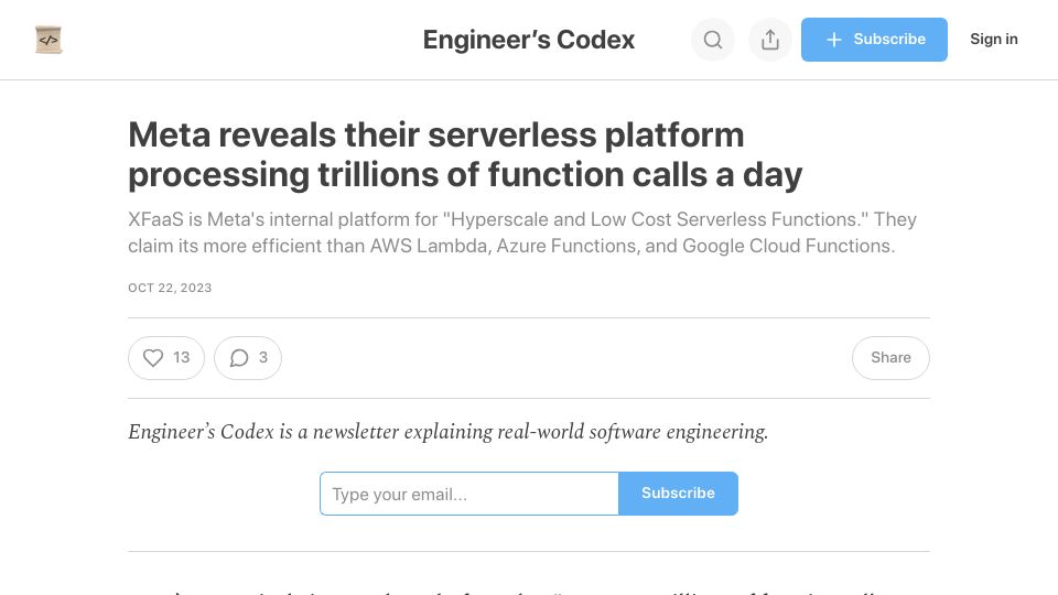 Screenshot of engineercodex.substack.com: Meta reveals serverless platform processing trillions of function calls a day