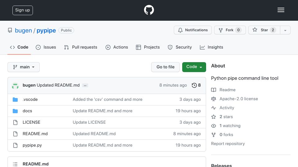 Screenshot of github.com: Show HN: Pypipe – A Python command-line tool for pipeline processing
