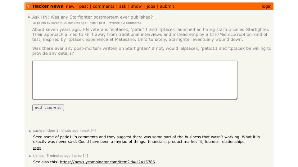 Screenshot of Hacker News post: Ask HN: Was any Starfighter postmortem ever published?