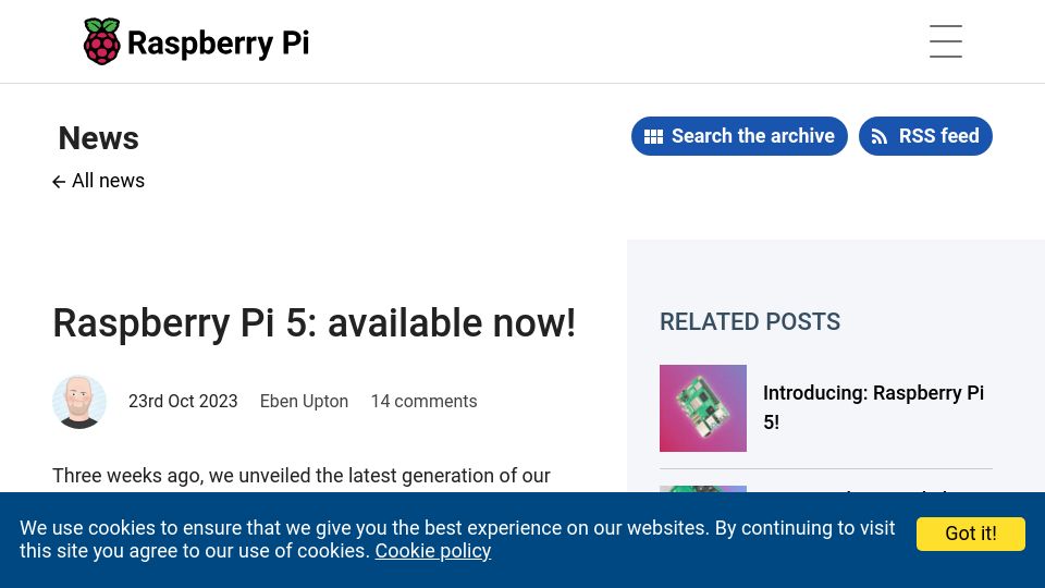 Screenshot of raspberrypi.com: Raspberry Pi 5: available now