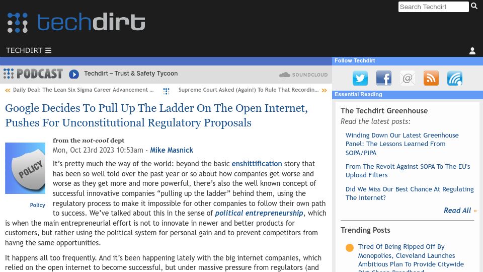 Screenshot of techdirt.com: Google pulls up the ladder on open internet, pushes unconstitutional regulation