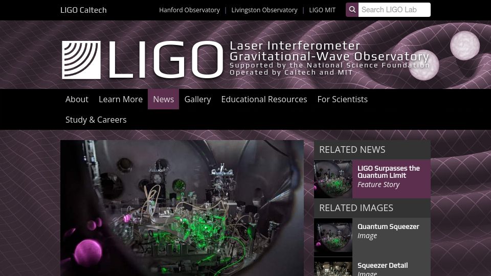 Screenshot of ligo.caltech.edu: LIGO Surpasses the Quantum Limit
