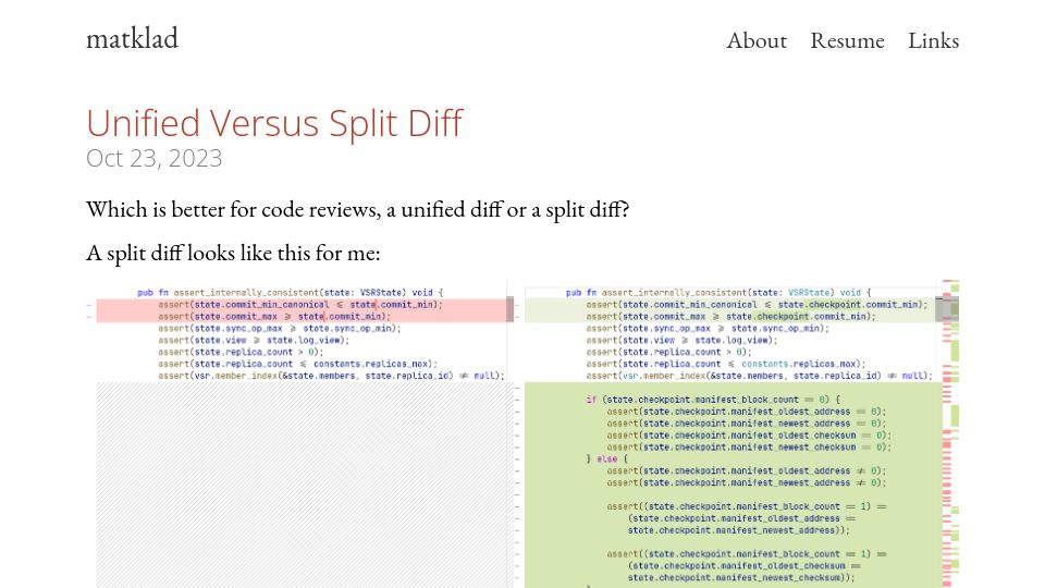 Screenshot of matklad.github.io: Unified versus Split Diff
