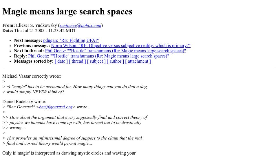 Screenshot of sl4.org: Magic means large search spaces (2005)