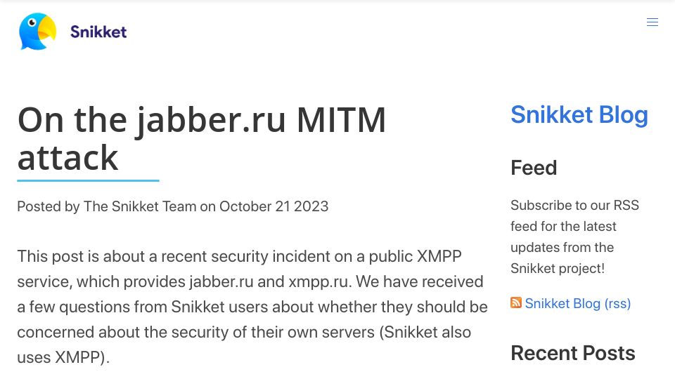 Screenshot of snikket.org: Snikket – On the Jabber.ru MitM Attack – Public Jabber/XMPP Service