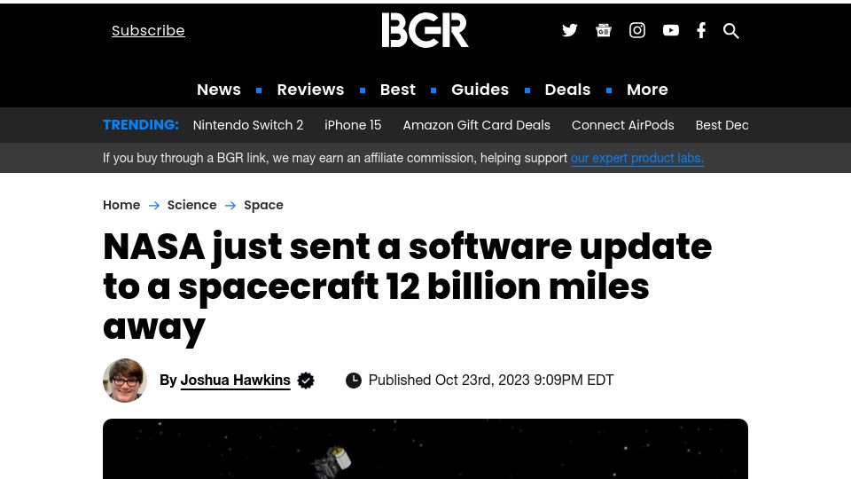 Screenshot of bgr.com: NASA just sent a software update to a spacecraft 12B miles away