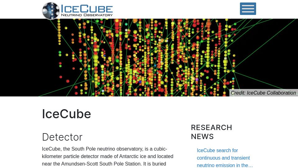 Screenshot of icecube.wisc.edu: IceCube – South Pole Neutrino Observatory