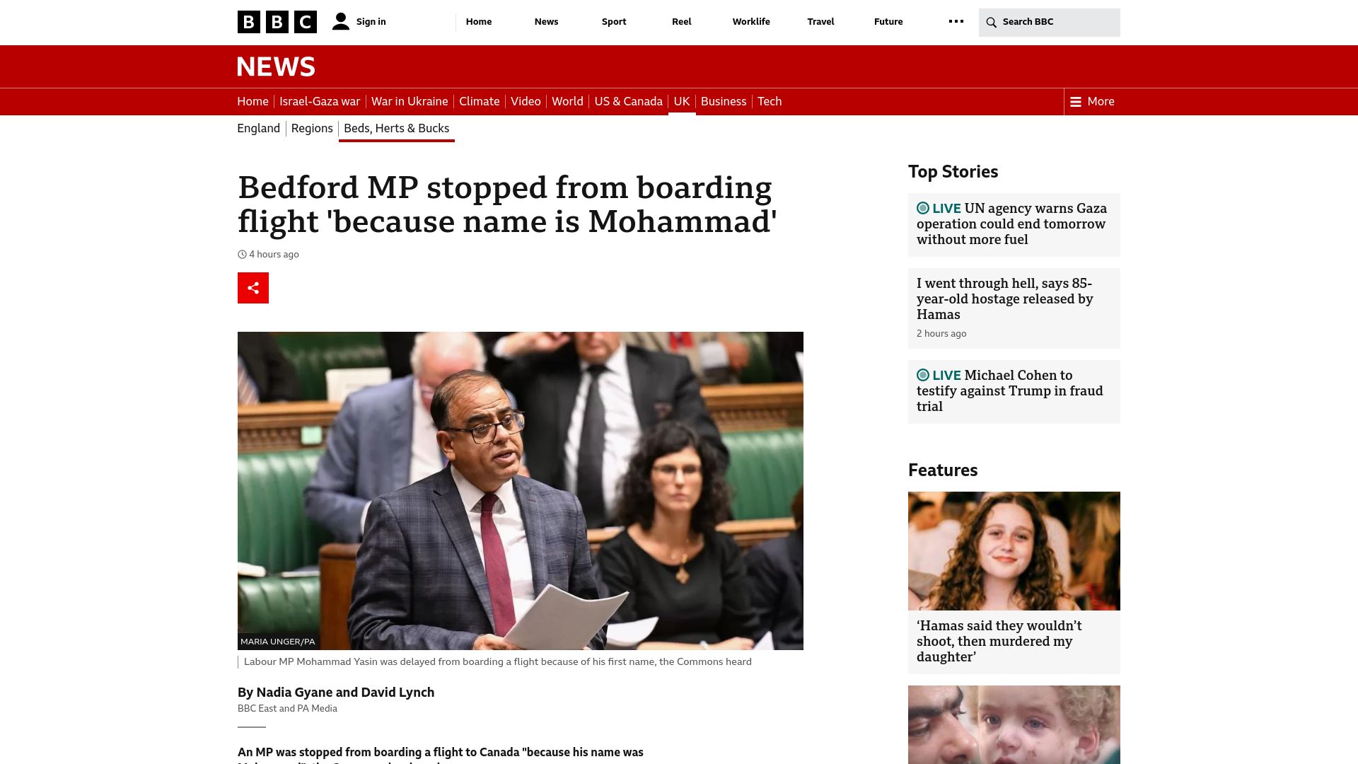 Screenshot of bbc.co.uk: UK MP stopped from boarding flight 'because name is Mohammad'