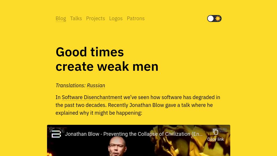 Screenshot of tonsky.me: Good times create weak men (2019) (2019)