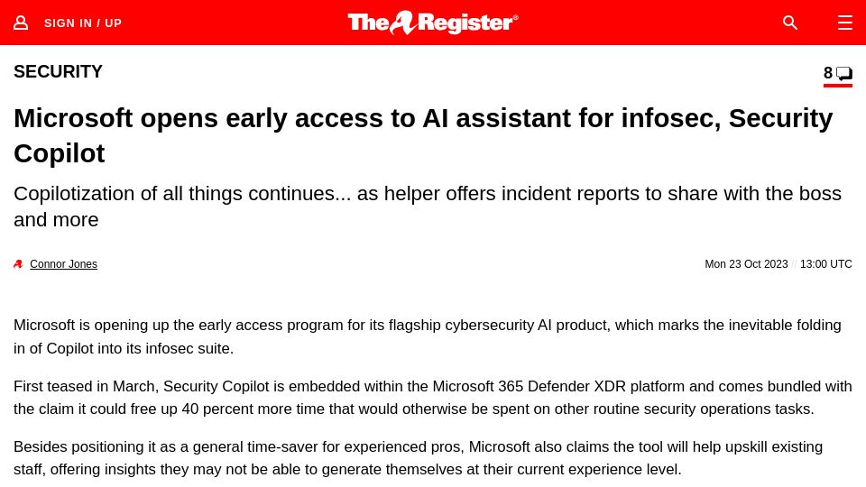 Screenshot of theregister.com: Microsoft opens early access to AI assistant for infosec, Security Copilot