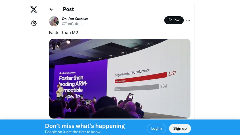 Screenshot of twitter.com: Snapdragon Oryon, faster than Apple's M2 chip at 30% less power
