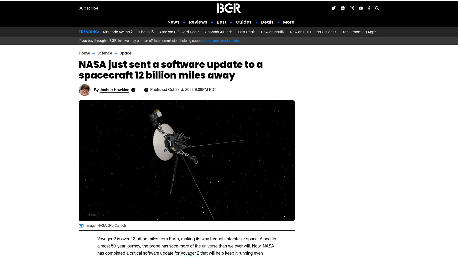 Screenshot of bgr.com: NASA just sent a software update to a spacecraft 12B miles away