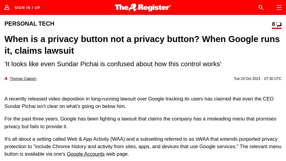 Screenshot of theregister.com: When is privacy button not a privacy button? When Google runs it, claims lawsuit