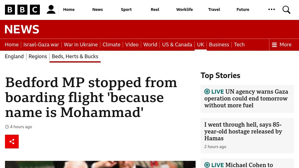 Screenshot of bbc.co.uk: UK MP stopped from boarding flight 'because name is Mohammad'