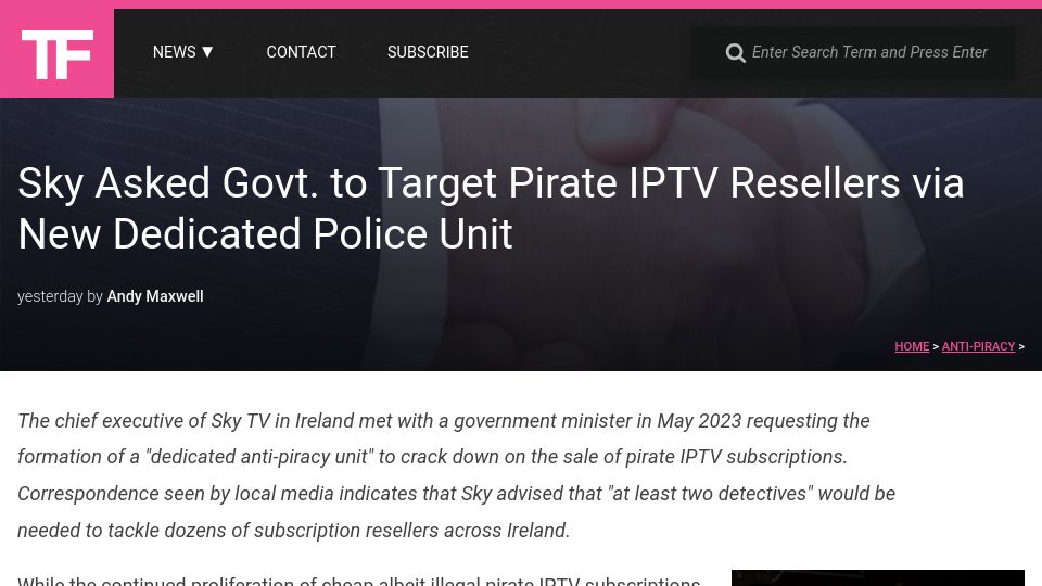 Screenshot of torrentfreak.com: Sky Asked Govt. To Target Pirate IPTV Resellers via New Dedicated Police Unit