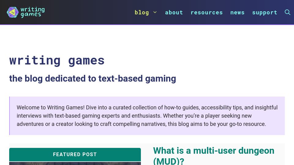 Screenshot of writing-games.com: Writing games: A blog dedicated to text-based gaming