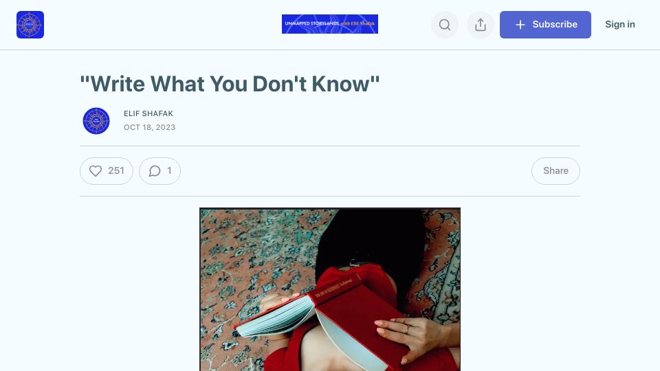 Screenshot of elifshafak.substack.com: Write what you don't know
