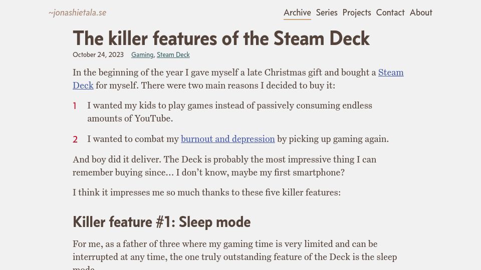 Screenshot of jonashietala.se: The killer features of the Steam Deck