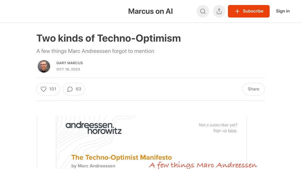 Screenshot of garymarcus.substack.com: Two Kinds of Techno-Optimism