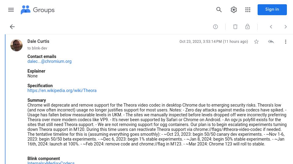 Screenshot of groups.google.com: Chrome Removing Theora Support