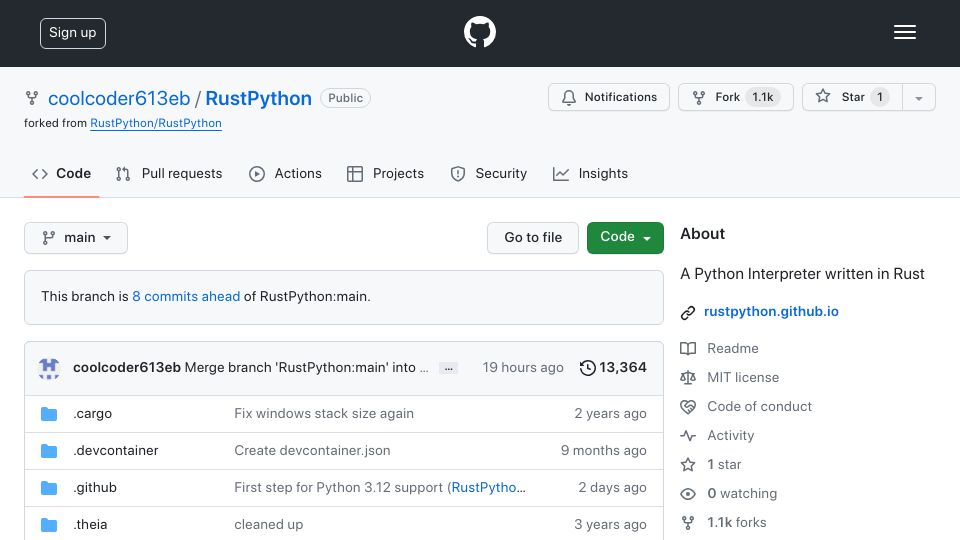 Screenshot of github.com: Show HN: RustPython for FreeDOS with W2c2