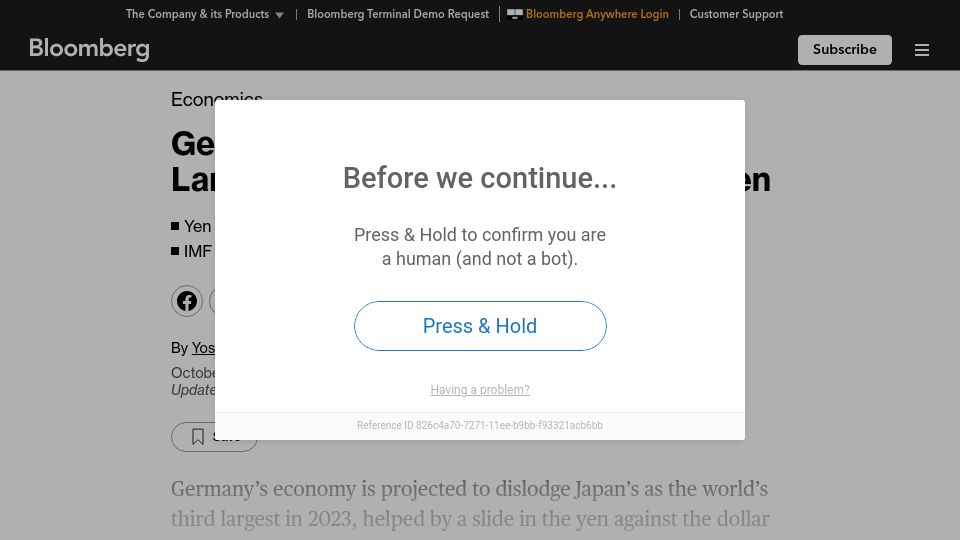 Screenshot of bloomberg.com: Germany to Pass Japan as Third-Largest Economy, Helped by Weak Yen
