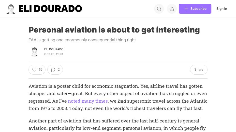 Screenshot of elidourado.com: Personal aviation is about to get interesting