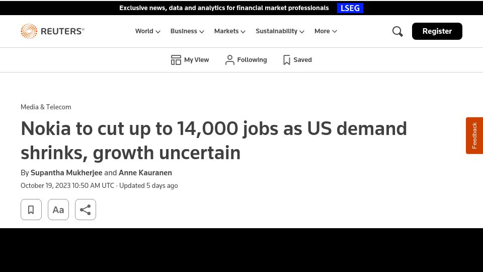 Screenshot of reuters.com: Nokia to cut up to 14,000 jobs as US demand shrinks, growth uncertain