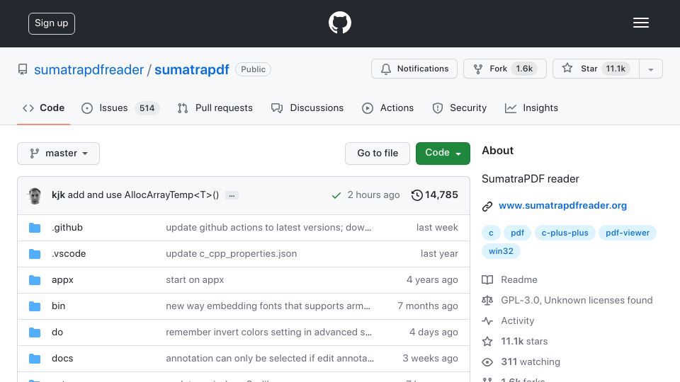 Screenshot of github.com: SumatraPDF Reader
