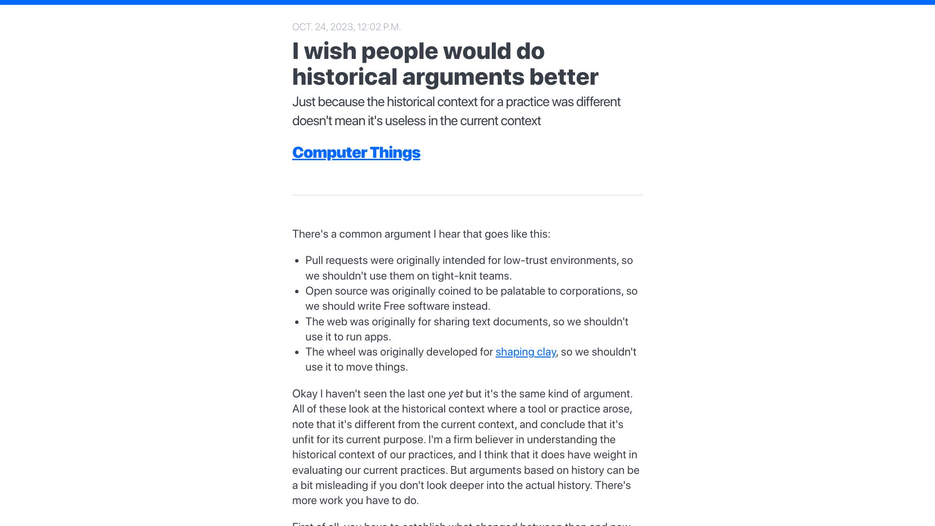 Screenshot of buttondown.email: I wish people would do historical arguments better