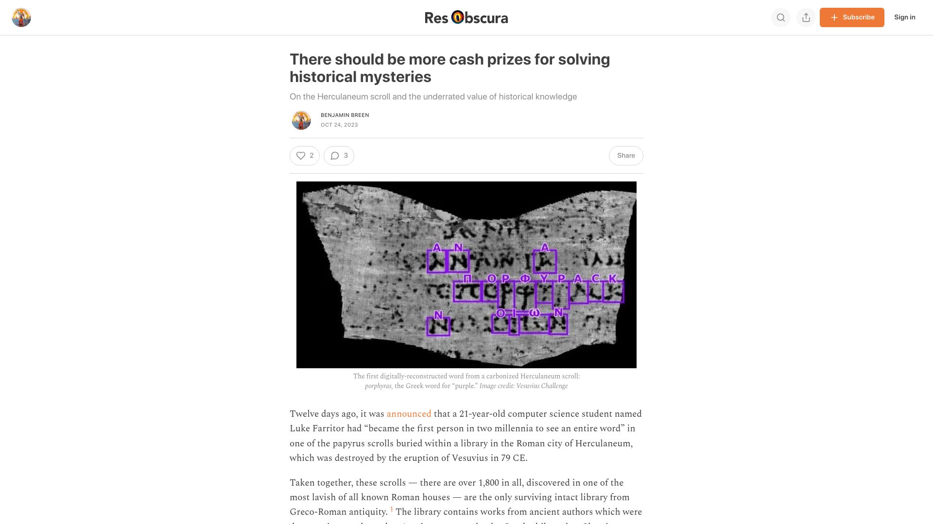 Screenshot of resobscura.substack.com: There should be more cash prizes for solving historical mysteries
