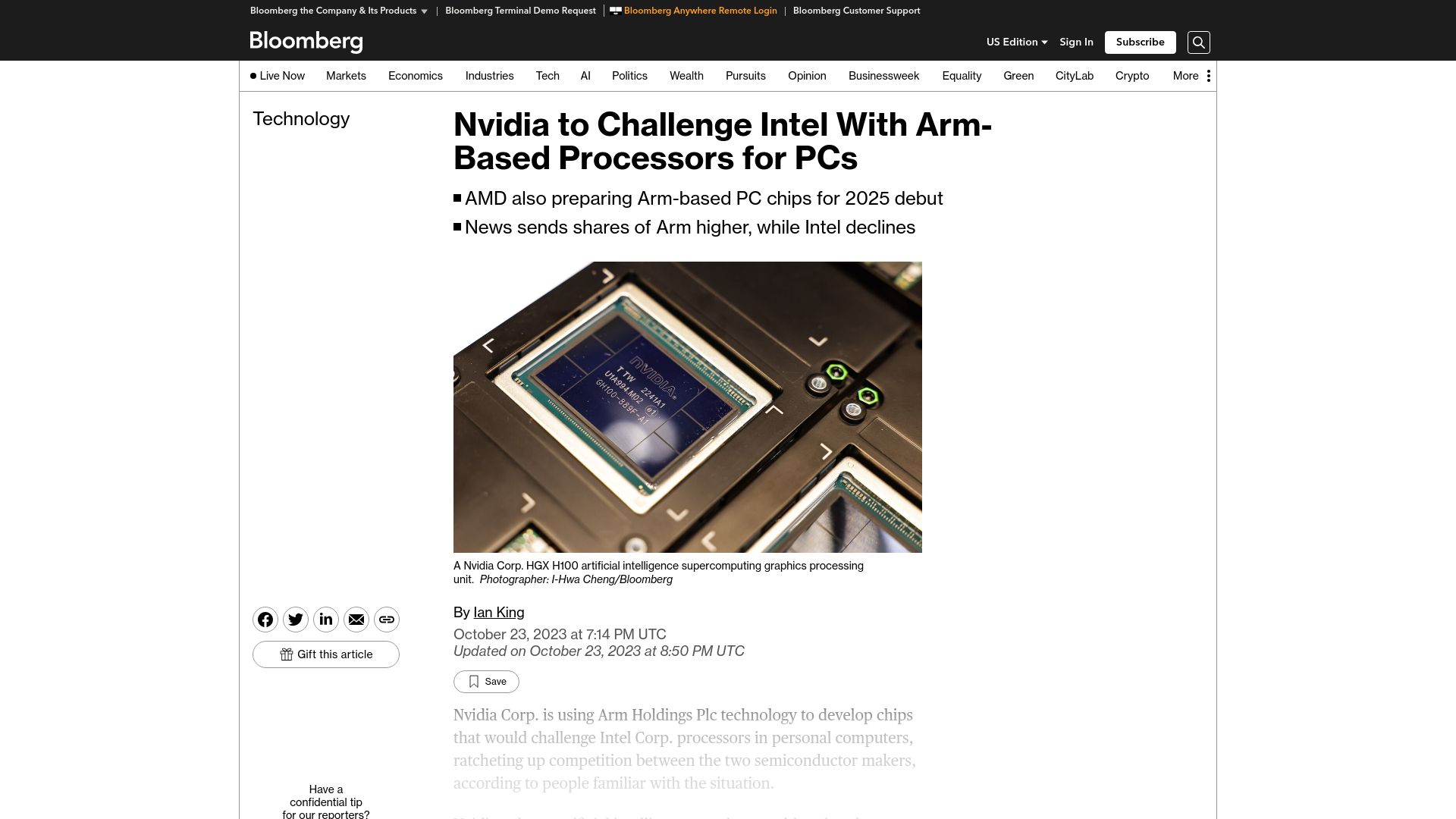 Screenshot of bloomberg.com: Nvidia to Challenge Intel with Arm-Based Processors for PCs