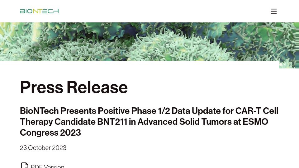 Screenshot of investors.biontech.de: BioNTech presents positive phase 1/2 data for CAR-T cell therapy candidate