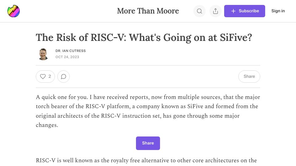 Screenshot of morethanmoore.substack.com: The risk of RISC-V: What's going on at SiFive?