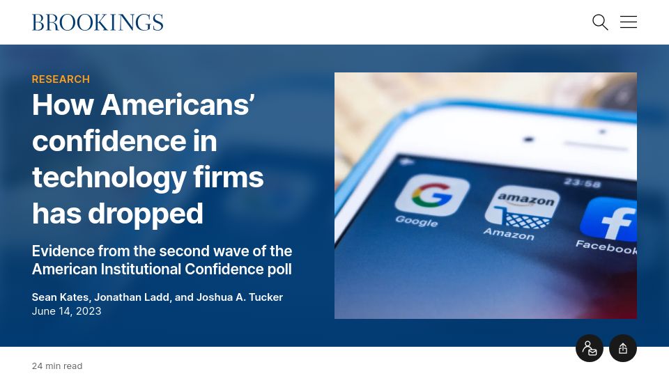 Screenshot of brookings.edu: Americans' confidence in technology firms has dropped