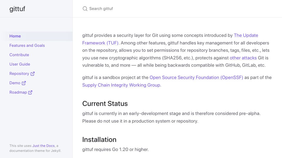Screenshot of gittuf.github.io: Gittuf – a security layer for Git