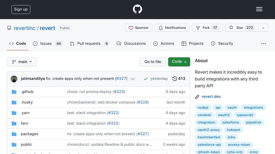 Screenshot of github.com: Show HN: Revert – Open-source unified API for product integrations